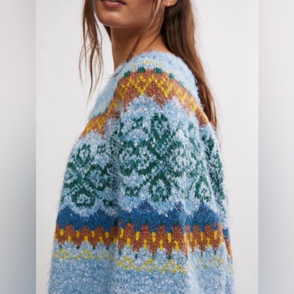 FREE PEOPLE festive frost sweater in ice blue combo Faire Isle Soft Cozy NWT XL - Picture 5 of 11
